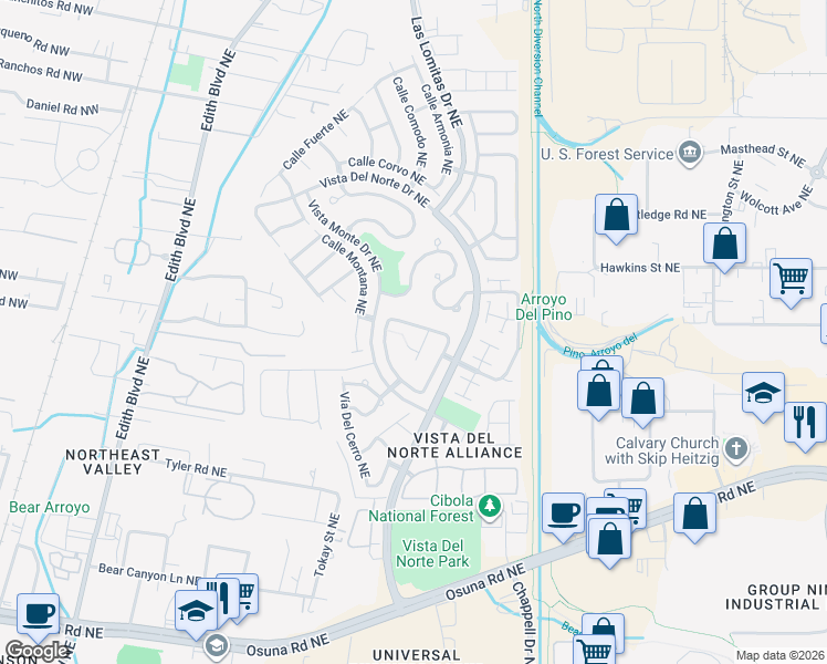 map of restaurants, bars, coffee shops, grocery stores, and more near 1124 Casa Tomas Road Northeast in Albuquerque