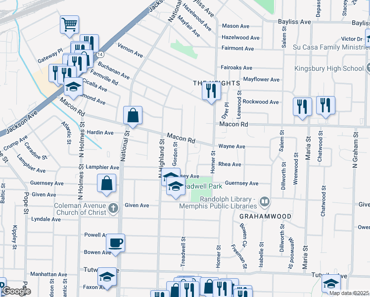 map of restaurants, bars, coffee shops, grocery stores, and more near 1030 Treadwell Street in Memphis