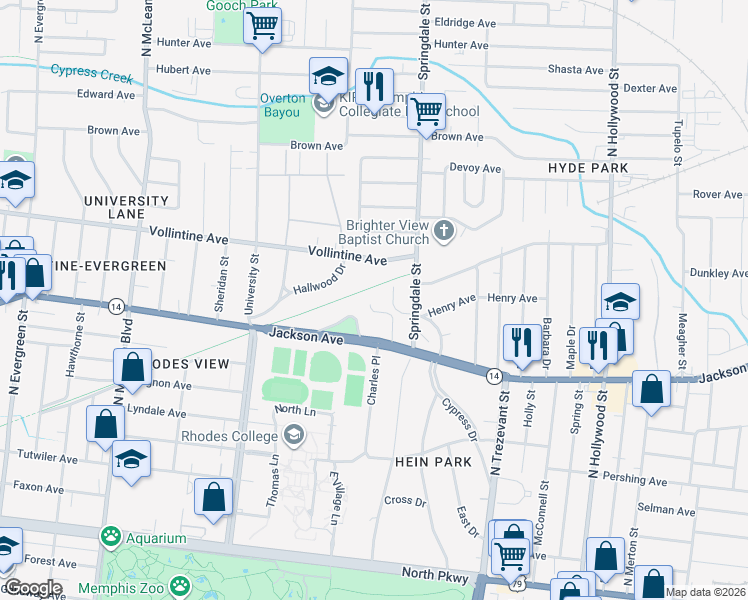 map of restaurants, bars, coffee shops, grocery stores, and more near 2134 University Circle in Memphis