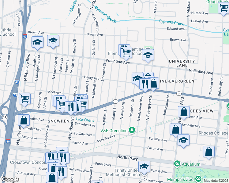 map of restaurants, bars, coffee shops, grocery stores, and more near 839 Maury Street in Memphis