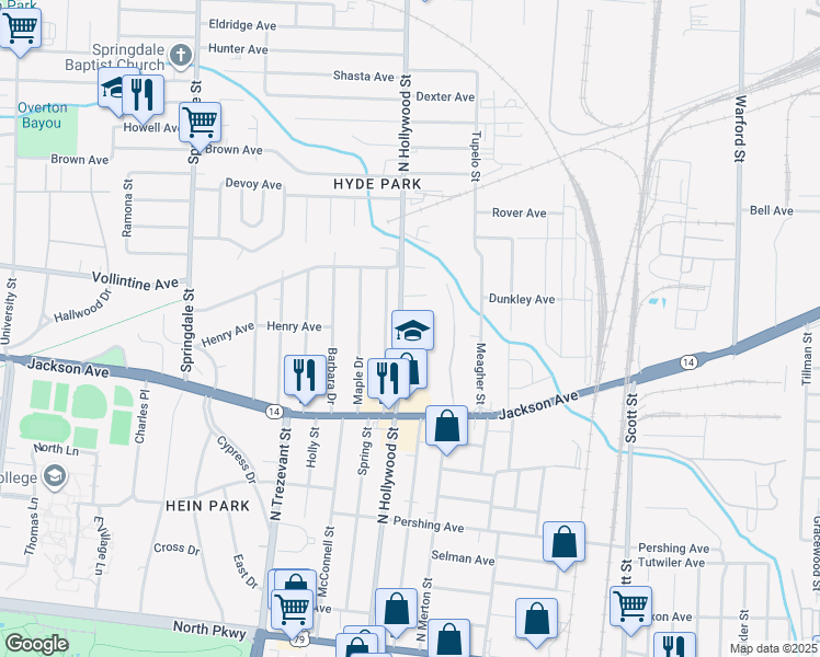 map of restaurants, bars, coffee shops, grocery stores, and more near 916 North Hollywood Street in Memphis
