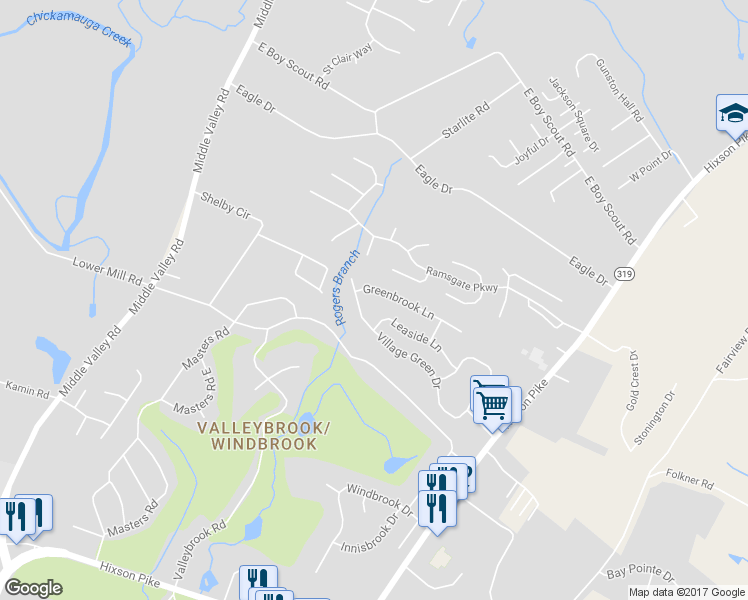 map of restaurants, bars, coffee shops, grocery stores, and more near 1244 Greenbrook Lane in Chattanooga