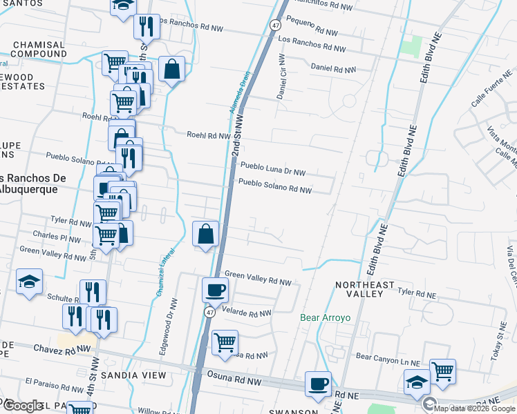 map of restaurants, bars, coffee shops, grocery stores, and more near 7040 2nd Street Northwest in Albuquerque