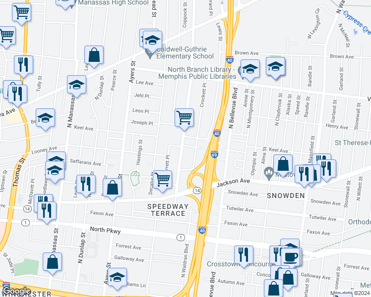 map of restaurants, bars, coffee shops, grocery stores, and more near 772 Breedlove Street in Memphis
