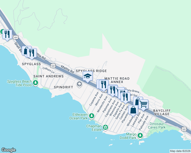 map of restaurants, bars, coffee shops, grocery stores, and more near 1933 Costa Brava in Pismo Beach