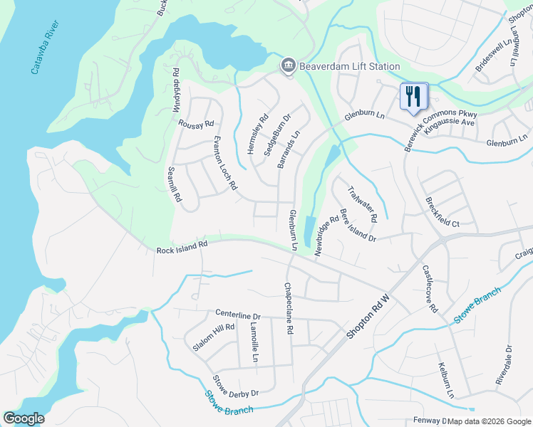 map of restaurants, bars, coffee shops, grocery stores, and more near 6630 Evanton Loch Road in Charlotte