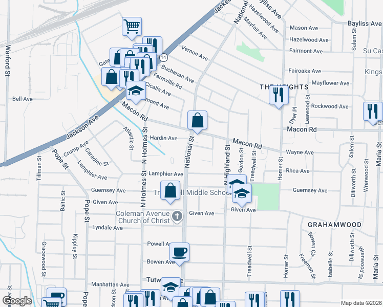 map of restaurants, bars, coffee shops, grocery stores, and more near 1073 National Street in Memphis