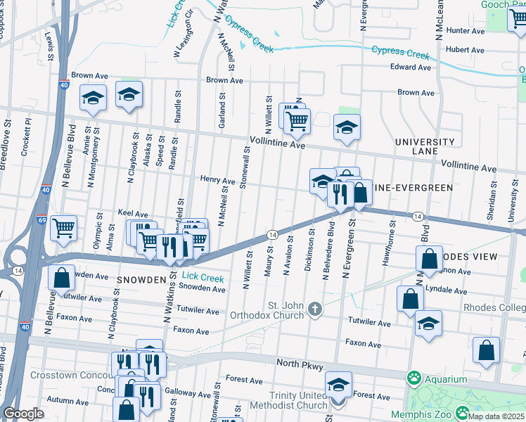 map of restaurants, bars, coffee shops, grocery stores, and more near 839 Maury Street in Memphis