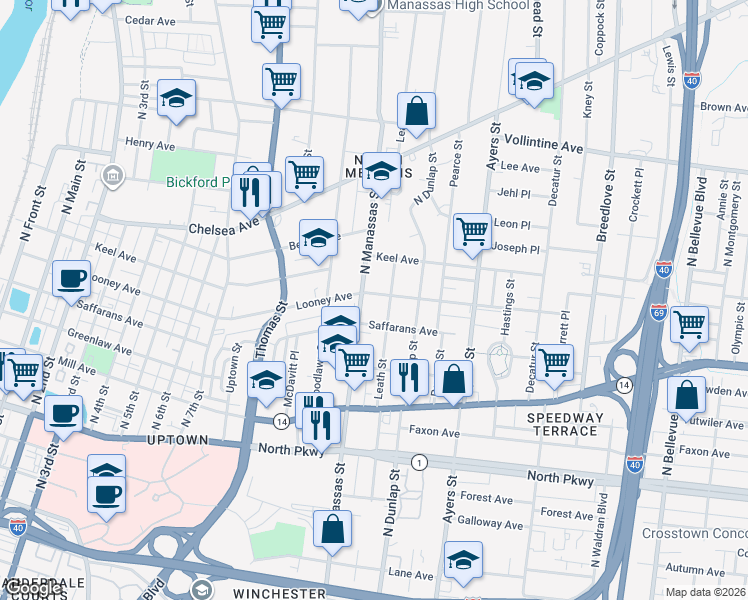 map of restaurants, bars, coffee shops, grocery stores, and more near 765 Leath Street in Memphis