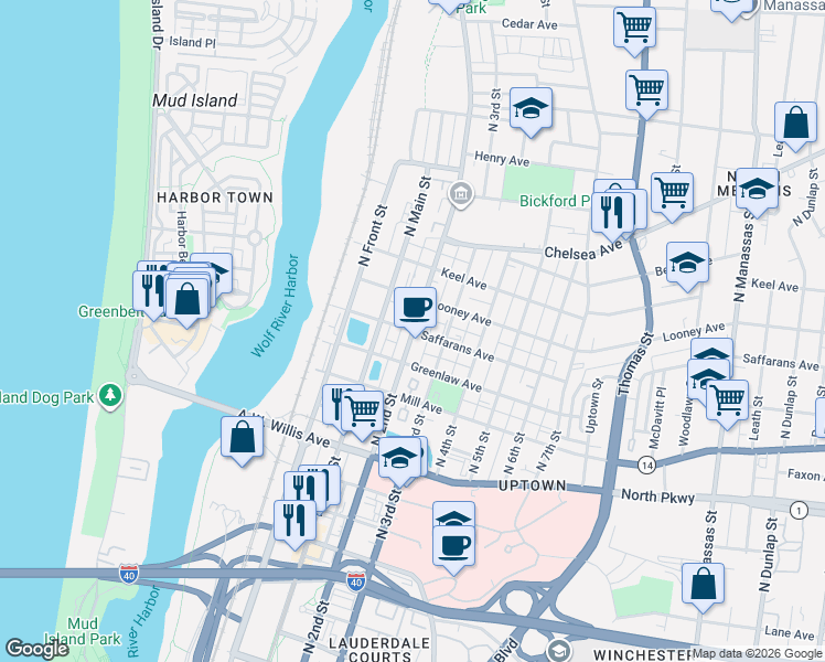 map of restaurants, bars, coffee shops, grocery stores, and more near 631 North 2nd Street in Memphis