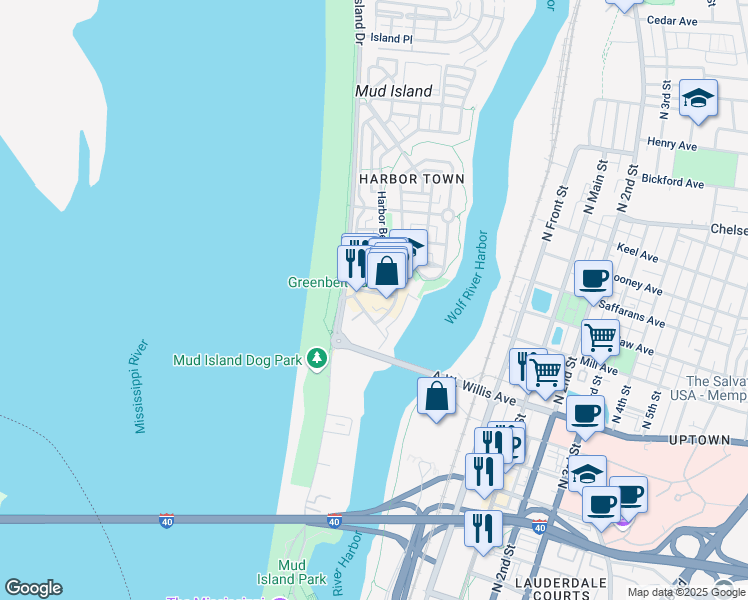 map of restaurants, bars, coffee shops, grocery stores, and more near 83 Harbor Common Drive in Memphis