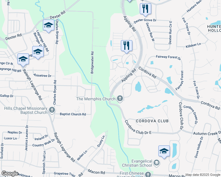 map of restaurants, bars, coffee shops, grocery stores, and more near 1299 Appling Road in Shelby County