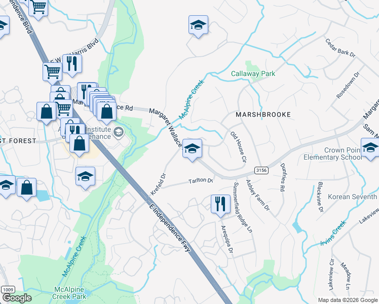 map of restaurants, bars, coffee shops, grocery stores, and more near Margaret Wallace Rd & Old Gate Dr in Charlotte