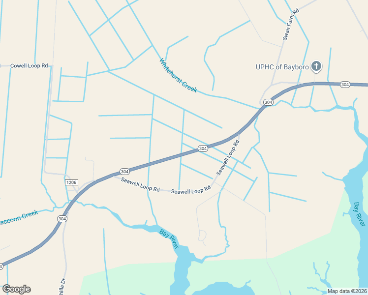 map of restaurants, bars, coffee shops, grocery stores, and more near 2651 North Carolina 304 in Bayboro