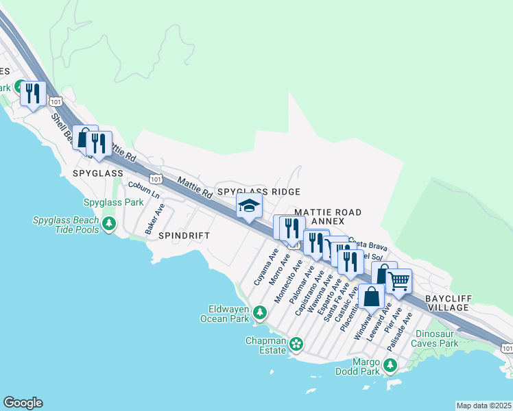 map of restaurants, bars, coffee shops, grocery stores, and more near 1917 Costa del Sol in Pismo Beach