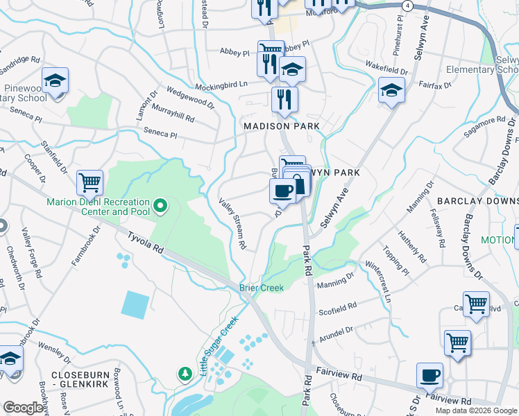 map of restaurants, bars, coffee shops, grocery stores, and more near 1412 Cortland Road East in Charlotte