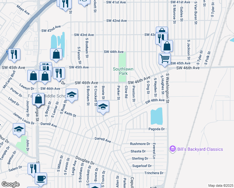 map of restaurants, bars, coffee shops, grocery stores, and more near 4616 Parker Street in Amarillo