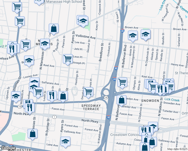 map of restaurants, bars, coffee shops, grocery stores, and more near 1041 Palmetto Avenue in Memphis