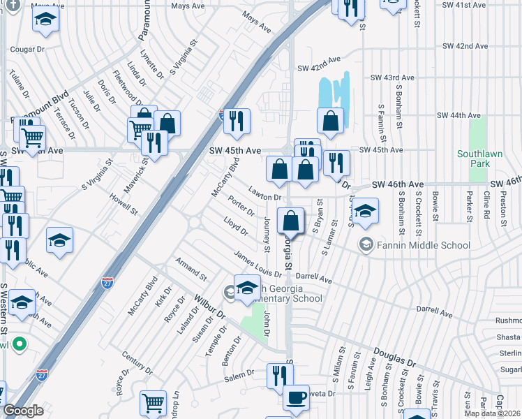map of restaurants, bars, coffee shops, grocery stores, and more near 2807 Lawton Drive in Amarillo