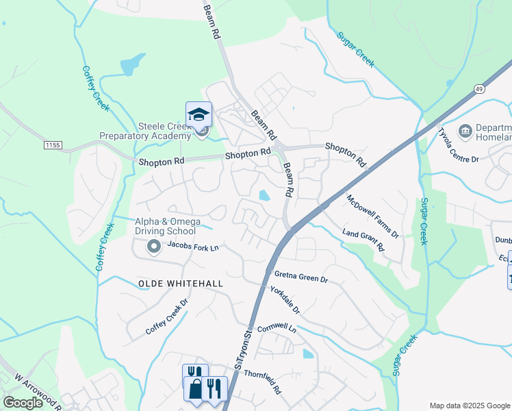 map of restaurants, bars, coffee shops, grocery stores, and more near 2301 Lawry Run Drive in Charlotte