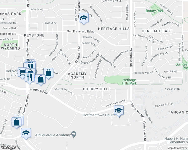 map of restaurants, bars, coffee shops, grocery stores, and more near 7113 Ticonderoga Road Northeast in Albuquerque