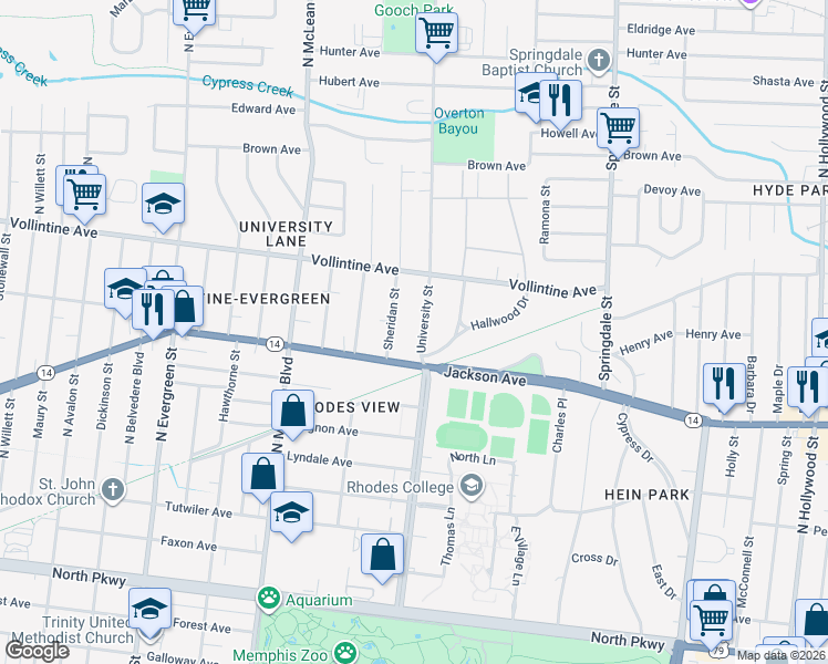 map of restaurants, bars, coffee shops, grocery stores, and more near 894 University Street in Memphis