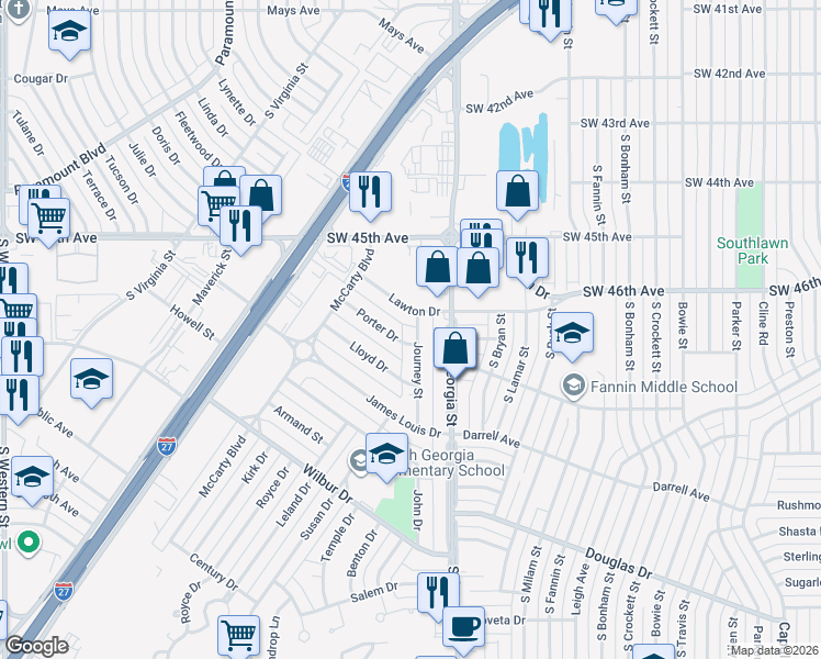 map of restaurants, bars, coffee shops, grocery stores, and more near 2807 Lawton Drive in Amarillo