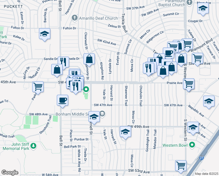 map of restaurants, bars, coffee shops, grocery stores, and more near 4500 Harvard Street in Amarillo