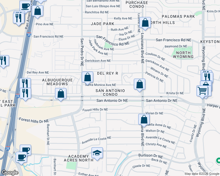 map of restaurants, bars, coffee shops, grocery stores, and more near 6900 Walnut Creek Road Northeast in Albuquerque