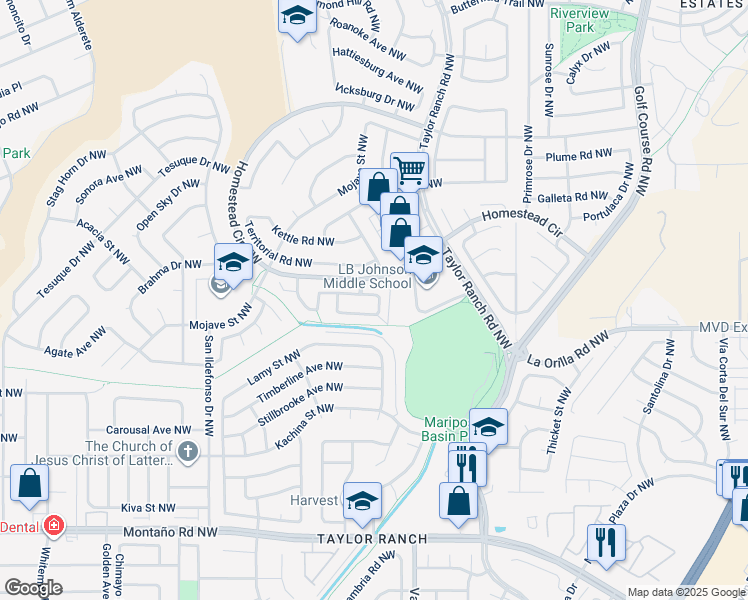map of restaurants, bars, coffee shops, grocery stores, and more near 99999 Homestead Circle in Albuquerque