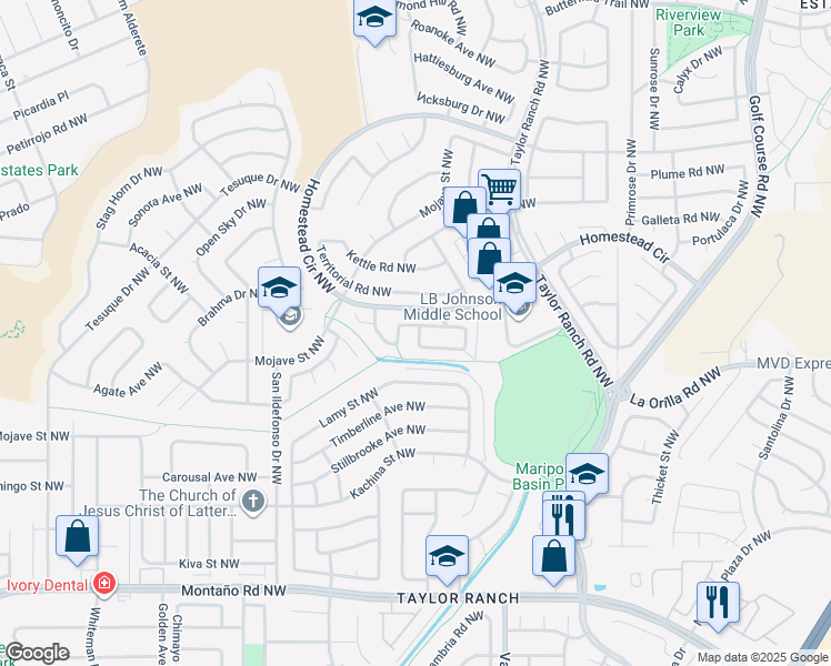 map of restaurants, bars, coffee shops, grocery stores, and more near 5345 Gold Rush Drive Northwest in Albuquerque