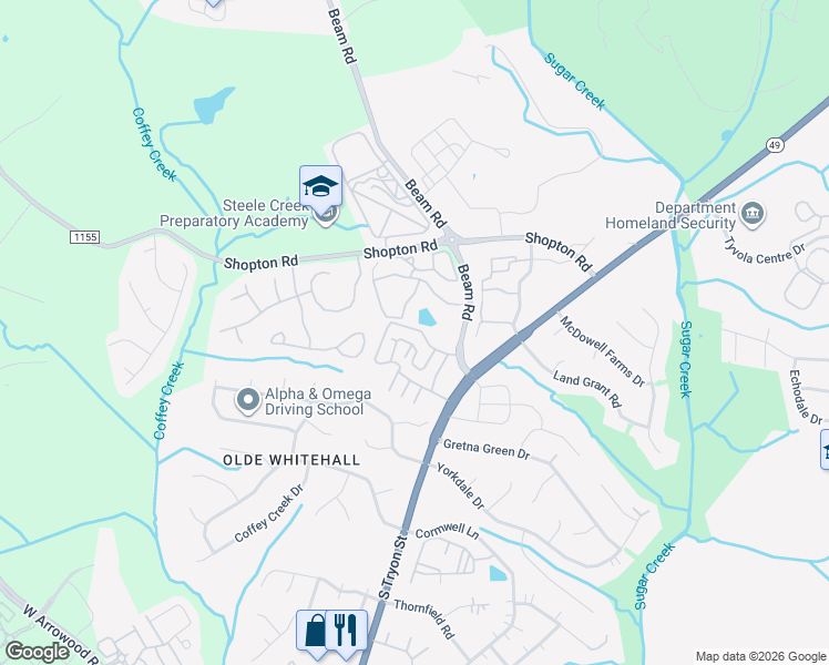 map of restaurants, bars, coffee shops, grocery stores, and more near 2301 Lawry Run Drive in Charlotte