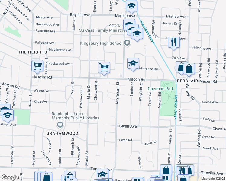 map of restaurants, bars, coffee shops, grocery stores, and more near 3957 Macon Road in Memphis