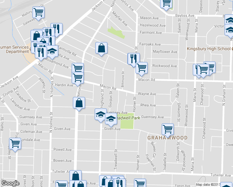 map of restaurants, bars, coffee shops, grocery stores, and more near 3574 Macon Road in Memphis