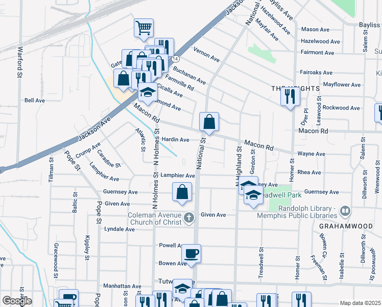 map of restaurants, bars, coffee shops, grocery stores, and more near 1073 National Street in Memphis