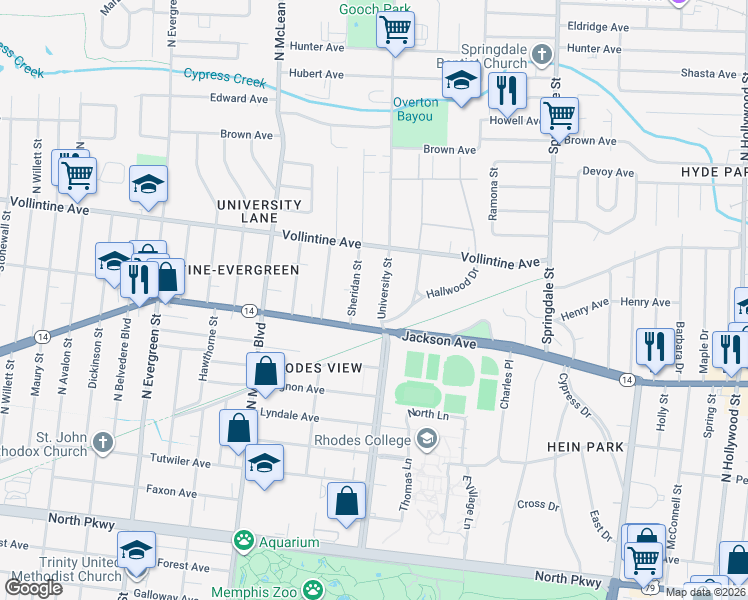 map of restaurants, bars, coffee shops, grocery stores, and more near 894 University Street in Memphis