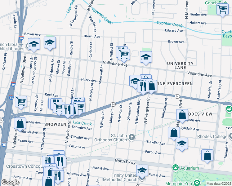 map of restaurants, bars, coffee shops, grocery stores, and more near 839 Maury Street in Memphis