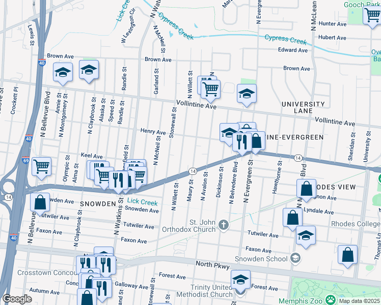 map of restaurants, bars, coffee shops, grocery stores, and more near 839 Maury Street in Memphis