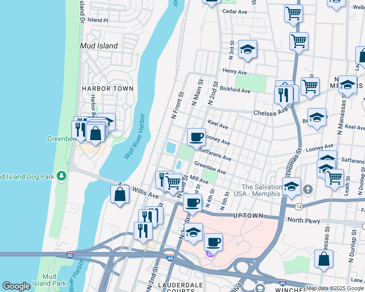 map of restaurants, bars, coffee shops, grocery stores, and more near 611 North Main Street in Memphis