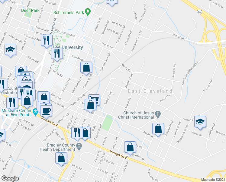 map of restaurants, bars, coffee shops, grocery stores, and more near 950 Berry Street Northeast in Cleveland