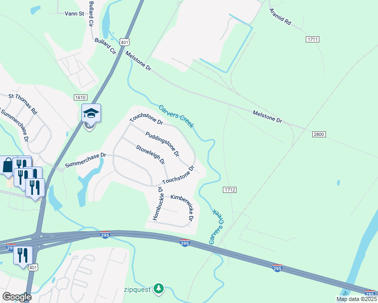 map of restaurants, bars, coffee shops, grocery stores, and more near 6386 Touchstone Drive in Fayetteville