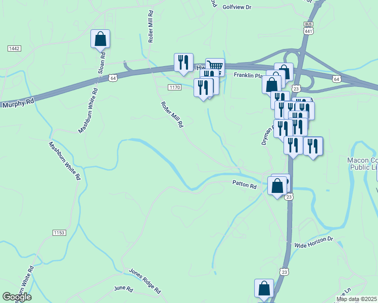 map of restaurants, bars, coffee shops, grocery stores, and more near 727 Roller Mill Road in Franklin