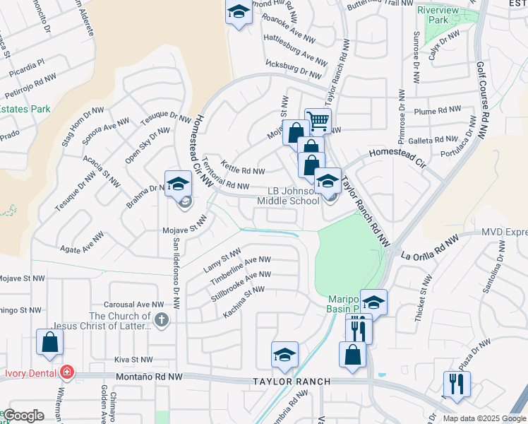 map of restaurants, bars, coffee shops, grocery stores, and more near 5345 Gold Rush Drive Northwest in Albuquerque