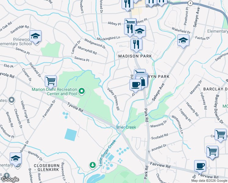 map of restaurants, bars, coffee shops, grocery stores, and more near 1325 Cortland Road in Charlotte