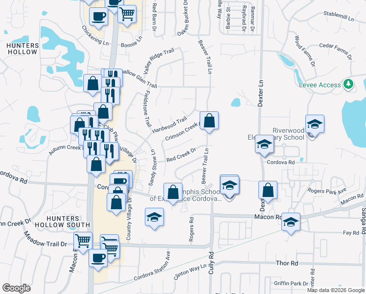 map of restaurants, bars, coffee shops, grocery stores, and more near 8270 River Creek Cove in Memphis