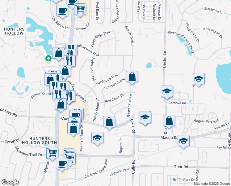 map of restaurants, bars, coffee shops, grocery stores, and more near 8270 River Creek Cove in Memphis