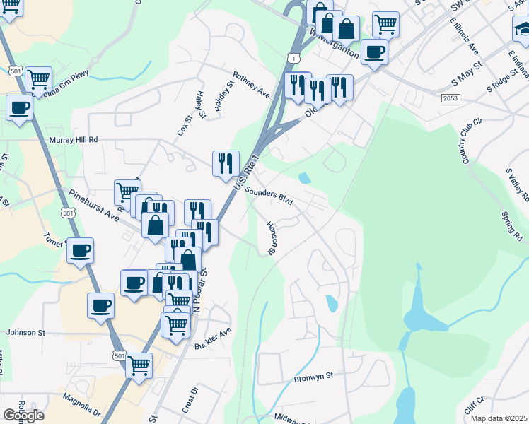 map of restaurants, bars, coffee shops, grocery stores, and more near 225 Henson Street in Southern Pines