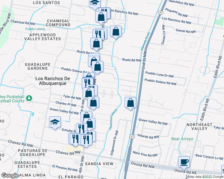 map of restaurants, bars, coffee shops, grocery stores, and more near 6902 4th Street Northwest in Los Ranchos de Albuquerque