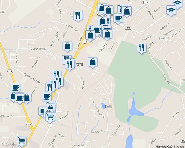 map of restaurants, bars, coffee shops, grocery stores, and more near 270 Saunders Boulevard in Southern Pines