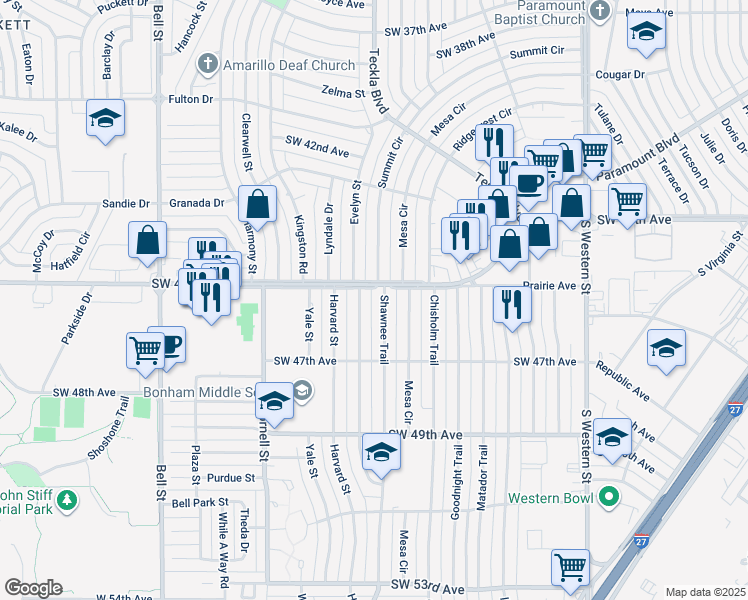 map of restaurants, bars, coffee shops, grocery stores, and more near 5001-5099 Southwest 45th Avenue in Amarillo